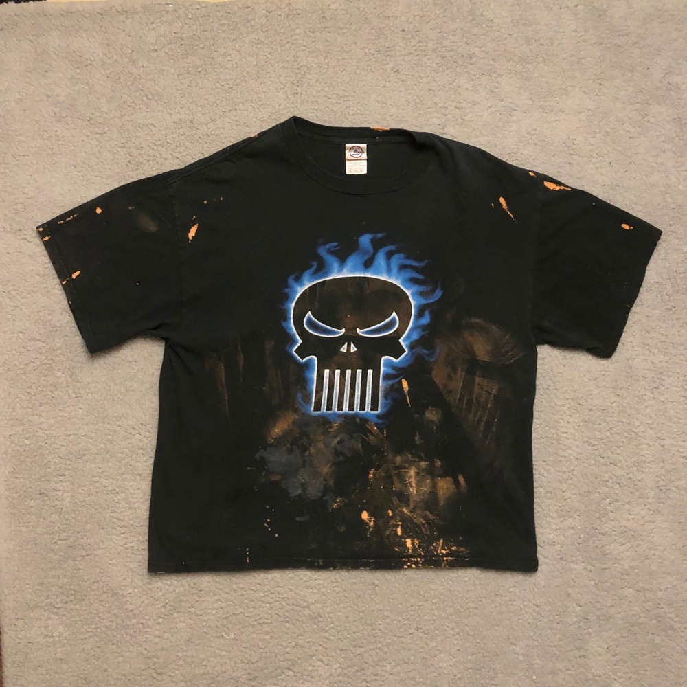 Vtg Punisher Blue Flame Skull Bleach Distressed T-Shirt Mens XL Black Marvel
